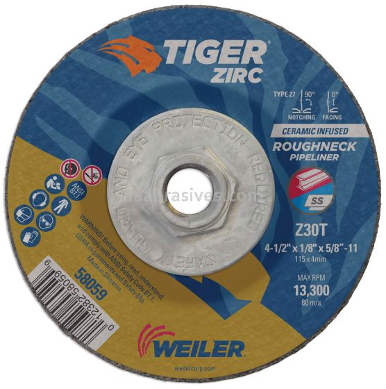 Weiler 58059 4-1/2" x 1/8" TIGER ZIRC Type 27 Roughneck Pipeline Wheel, Z30T, 5/8"-11 Nut 6804 22 1000