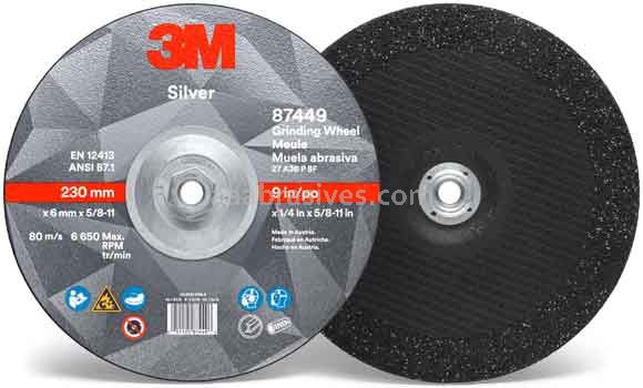3M&trade; 7010409732 9 x 1/4 x 5/8-11 Type 27 Silver Depressed Center Grinding Wheel 87449