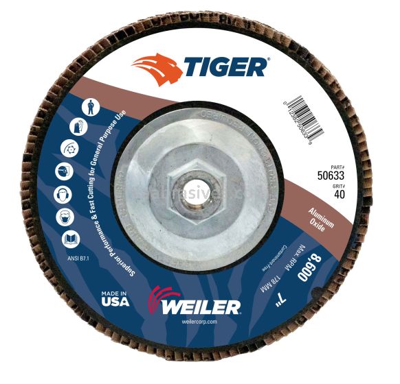 Weiler 50633 - 7" 40AO, 5/8"-11 A.H., Tiger Disc Abrasive Flap Disc, Angled, Phenolic Backing - 012382506339