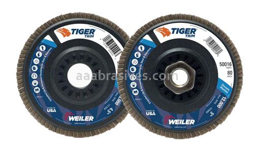 Weiler 50017 - 5 x 5/8-11 120 Zirc Tiger Abrasive Angled Flap Disc Trimmable Backing - 012382500177
