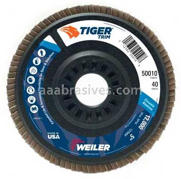 Weiler 50010 5" Tiger Trim Abrasive Flap Disc Conical Type 29 Trimmable Backing 40 Z 7/8" Arbor Hole