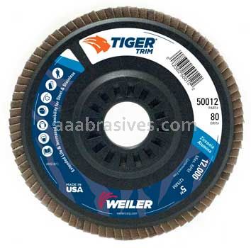 Weiler 50012 5" Tiger Trim Abrasive Flap Disc Conical Type 29 Trimmable Backing 80 Z 7/8" Arbor Hole