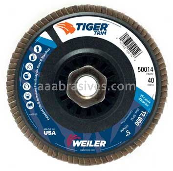 Weiler 50014 5" Tiger Trim Abrasive Flap Disc Conical Type 29 Trimmable Backing 40 Z 5/8"-11 UNC Nut