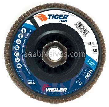 Weiler 50016 5" Tiger Trim Abrasive Flap Disc Conical Type 29 Trimmable Backing 80 Z 5/8"-11 UNC Nut