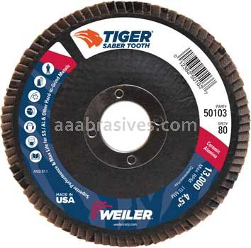 Weiler 50103 4-1/2" Tiger Ceramic Abrasive Flap Disc Conical Type 29 Phenolic Backing 80C 7/8" Arbor Hole