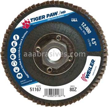 Weiler 51167 4-1/2" Tiger Paw Super High Density Flap Disc Flat Type 27 Phenolic Backing 80 Z 5/8"-11 UNC Nut