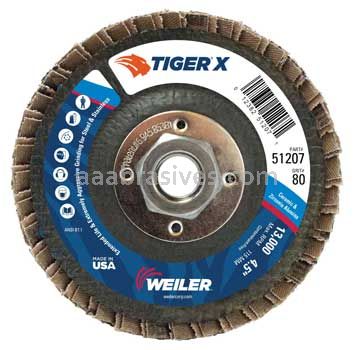 Weiler 51207 4-1/2" Tiger X Flap Disc Conical Type 29 Phenolic Backing 80 Z 5/8"-11 UNC Nut