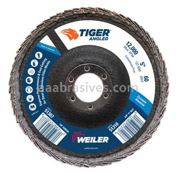 Weiler 51307 5 Tiger Angled Radial Zirc Flap Disc 60 Z 7/8 Arbor Hole