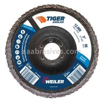 Weiler 51308 5 Tiger Angled Radial Zirc Flap Disc 80 Z 7/8 Arbor Hole