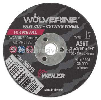 Weiler 56015 2" x 1/16" Wolverine Type 1 Cut-Off Wheel A36T 1/4" AH
