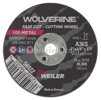 Weiler 56022 2" x 1/8" Wolverine Type 1 Cut-Off Wheel A36S 1/4" AH