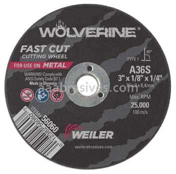 Weiler 56060 3" x 1/8" WOLVERINE Type 1 Cut-Off Wheel A36S 1/4" AH