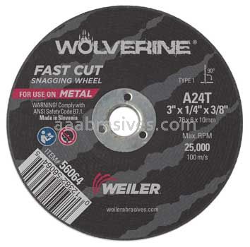 Weiler 56064 3" x 1/4" Wolverine Type 1 Snagging Wheel A24T 3/8" AH