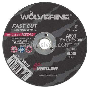 Weiler 56070 3" x 1/16" Wolverine Type 1 Cut-Off Wheel A60T 3/8" AH