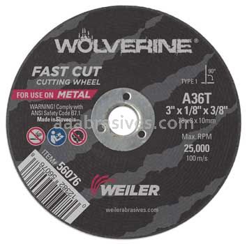 Weiler 56076 3" x 1/8" Wolverine Type 1 Cut-Off Wheel A36T 3/8" AH