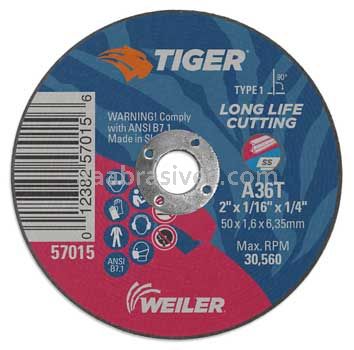 Weiler 57015 2" x 1/16" TIGER AO Type 1 Cut-Off Wheel A36T 1/4" AH