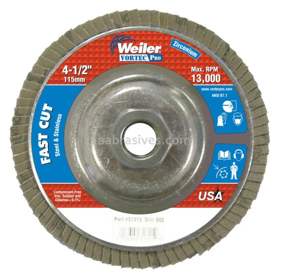 Weiler 31315 - 4-1/2" , 60Z, 5/8"-11 A.H., Vortec Pro Abrasive Flap Disc, Angled, Aluminum Backing - 012382313159
