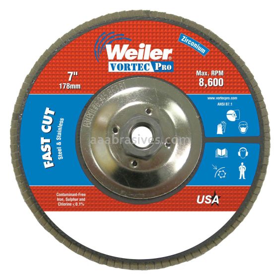 Weiler 31366 - 7" , 24Z, 5/8"-11 A.H., Vortec Pro Abrasive Flap Disc, Angled, Phenolic Backing - 012382313661