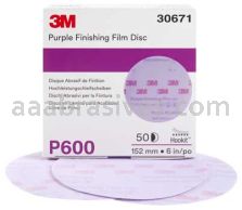 3M&trade; 7100122789 6” P600 Grit 260L Hookit&trade; Purple Finishing Film Abrasive Disc