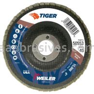 Weiler 50553 - 4" 40AO, 5/8" A.H., Tiger Disc Abrasive Flap Disc, Angled, Phenolic Backing - 012382505530