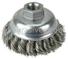 Weiler 13163 3-1/2" Single Row Knot Wire Cup Brush .023" Stainless Steel Fill 5/8"-11 UNC Nut