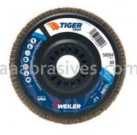 Weiler 50004 4-1/2" Tiger Trim Abrasive Flap Disc Angled Type 29 Trimmable Backing 80 Z 7/8" Arbor Hole