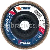 Weiler 50117 4-1/2" Tiger Ceramic Abrasive Flap Disc Angled Type 29 Trimmable Backing 40C 7/8" Arbor Hole