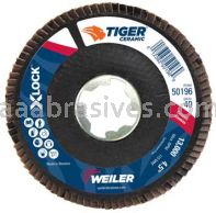 Weiler 50196 4-1/2" Tiger Ceramic Abrasive Flap Disc Angled Phenolic Backing 40C X-LOCK Arbor Hole