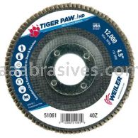 Weiler 51061 4-1/2" Tiger Paw Super High Density Flap Disc Angled Type 29 Phenolic Backing 40 Z 7/8" Arbor Hole