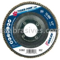 Weiler 51062 4-1/2" Tiger Paw Super High Density Flap Disc Angled Type 29 Phenolic Backing 60 Z 7/8" Arbor Hole
