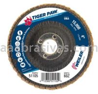 Weiler 51105 4" Tiger Paw Abrasive Flap Disc Conical Type 29 Phenolic Backing 60 Z 5/8" Arbor Hole