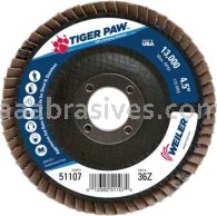 Weiler 51107 4-1/2" Tiger Paw Abrasive Flap Disc Flat Type 27 Phenolic Backing 36 Z 7/8" Arbor Hole