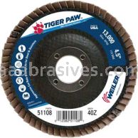Weiler 51108 4-1/2" Tiger Paw Abrasive Flap Disc Flat Type 27 Phenolic Backing 40 Z 7/8" Arbor Hole