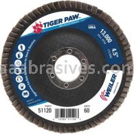 Weiler 51120 4-1/2" Tiger Paw Abrasive Flap Disc Angled Type 29 Phenolic Backing 60 Z 7/8" Arbor Hole