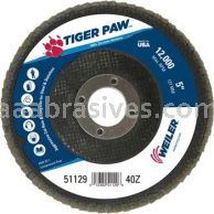 Weiler 51129 5" Tiger Paw Abrasive Flap Disc Conical Type 29 Phenolic Backing 40 Z 7/8" Arbor Hole