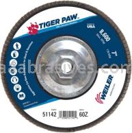 Weiler 51142 7" Tiger Paw Abrasive Flap Disc Flat Type 27 Phenolic Backing 60 Z 5/8"-11 UNC Nut