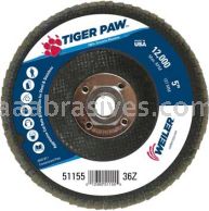 Weiler 51155 5" Tiger Paw Abrasive Flap Disc Flat Type 27 Phenolic Backing 36 Z 5/8"-11 UNC Nut