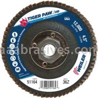 Weiler 51164 4-1/2" Tiger Paw Super High Density Flap Disc Flat Type 27 Phenolic Backing 36 Z 5/8"-11 UNC Nut
