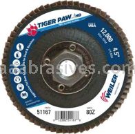 Weiler 51167 4-1/2" Tiger Paw Super High Density Flap Disc Flat Type 27 Phenolic Backing 80 Z 5/8"-11 UNC Nut