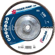 Weiler 51169 7" Tiger Paw Super High Density Flap Disc Flat Type 27 Phenolic Backing 60 Z 5/8"-11 UNC Nut