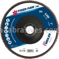 Weiler 51170 7" Tiger Paw Super High Density Flap Disc Flat Type 27 Phenolic Backing 40 Z 7/8" Arbor Hole