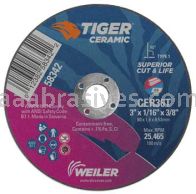 Weiler 58342 3" x 1/16" TIGER CERAMIC Type 1 Cut-Off Wheel CER36T 3/8" AH