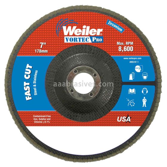 Weiler 31360 - 7" , 24Z, 7/8" A.H., Vortec Pro Abrasive Flap Disc, Angled, Phenolic Backing - 012382313609
