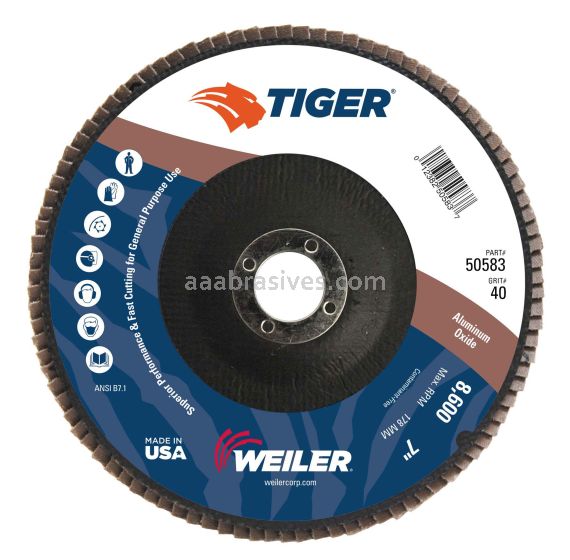Weiler 50583 - 7" 40AO, 7/8" A.H., Tiger Disc Abrasive Flap Disc, Angled, Phenolic Backing - 012382505837