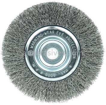 Weiler 36200 Wolverine 6" Crimped Wire Wheel .014" Steel Fill Narrow Face 5/8"-1/2" Arbor Hole