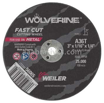 Weiler 56065 3" x 1/16" Wolverine Type 1 Cut-Off Wheel A36T 1/4" AH