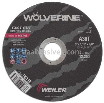 Weiler 56118 5" x 1/16" Wolverine Type 1 Cut-Off Wheel A36T 7/8" AH