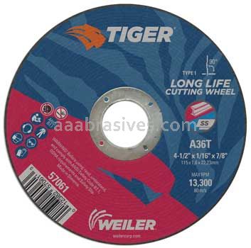 Weiler 57061 4-1/2" x 1/16" TIGER AO Type 1 Cut-Off Wheel A36T 7/8" AH