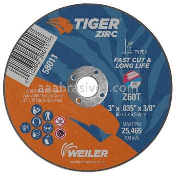 Weiler 58011 3" x .035" Tiger Zirc Type 1 Cut-Off Wheel Z60T 3/8" AH