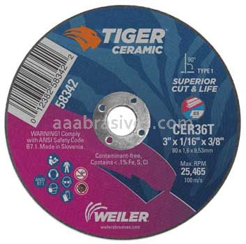 Weiler 58342 3" x 1/16" TIGER CERAMIC Type 1 Cut-Off Wheel CER36T 3/8" AH